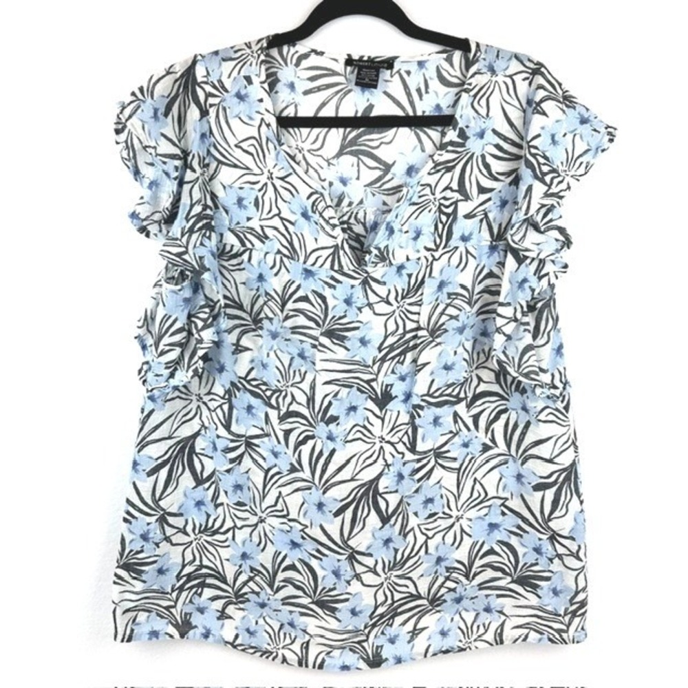 Robert Louis Blue Floral Tropical‎ Ruffle Sleeve V-Neck Blouse XL